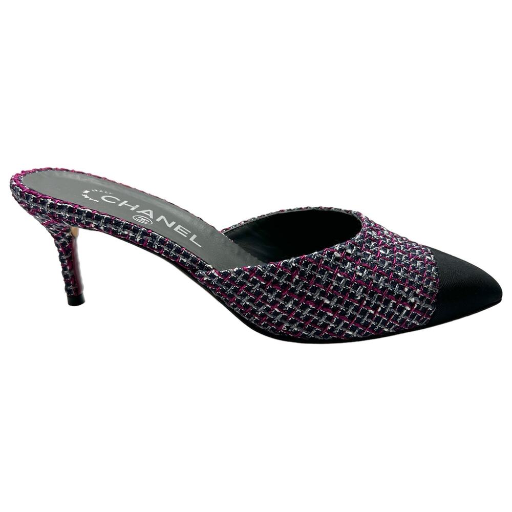 CHANEL Tweed Grosgrain CC Mules EU 38 US 7.5-8 Black Purple Pointed Toe Heels